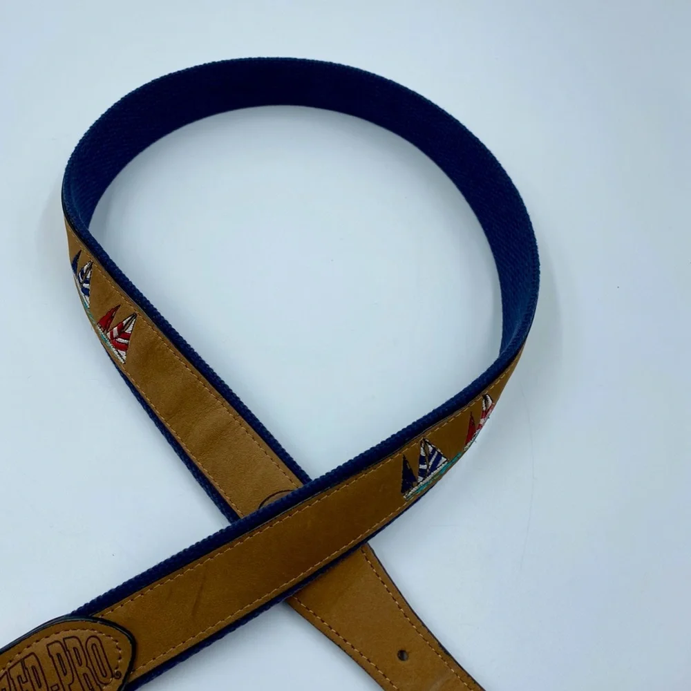 Men's Tan Leather Belt with Embroidered Sailboats